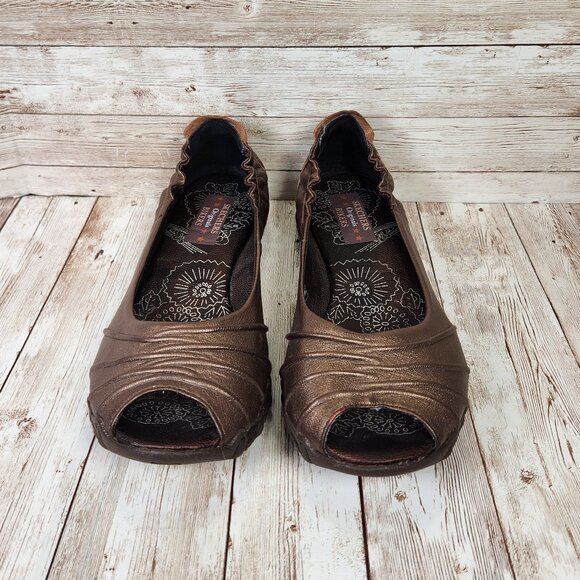 SKECHERS Originals Bikers Women's 9 Bronze Brown Leather Slip-On Peep Toe Flats - Picture 5 of 9